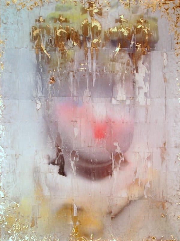 Image of a colorful artwork by Stephanie Todhunter. The figure is mostly rendered in pastels with gold accents and a brighter red-pink in the center around the nose and cheeks.