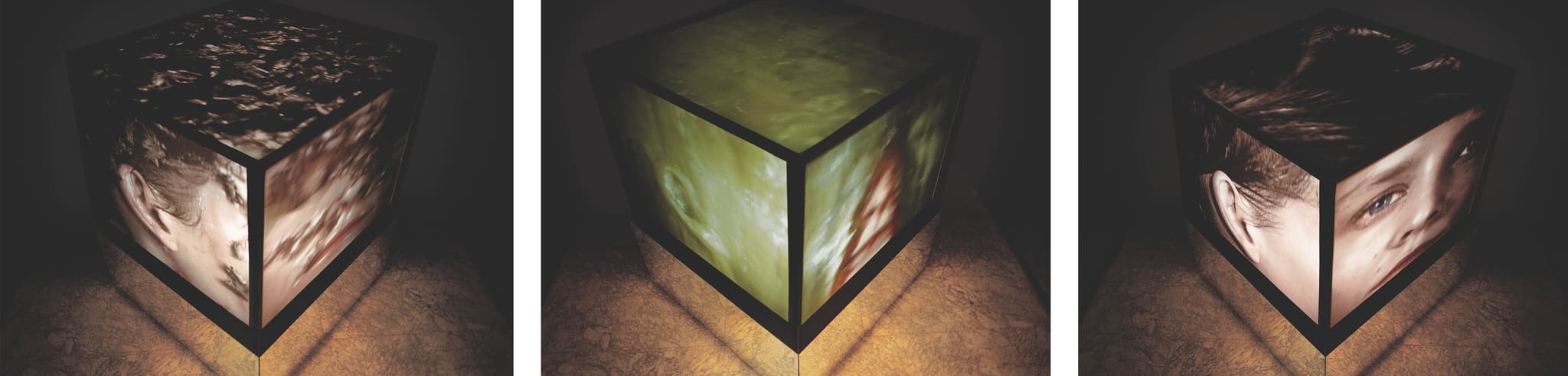 Three side-by-side images of a box with an image projected around all sides of each box.